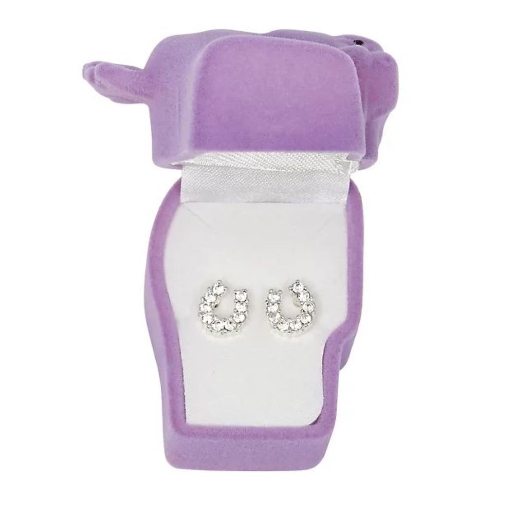 Clear Rhinestone Horseshoe Earrings w/Horse Head Gift Box