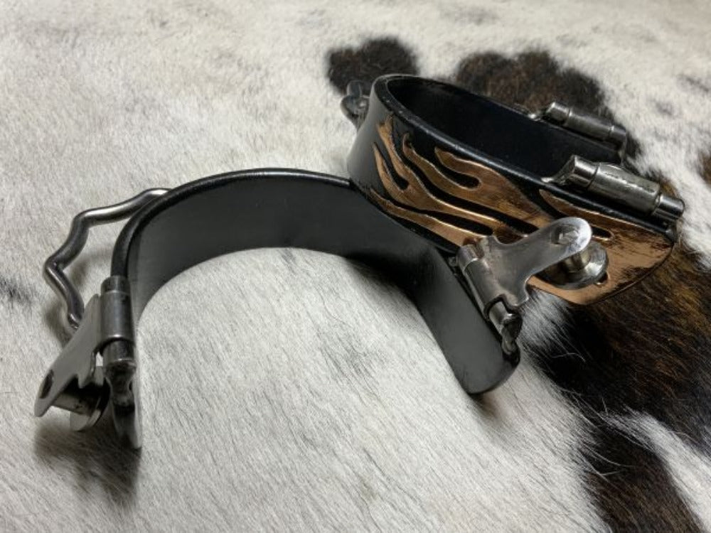 Brown Steel Bumper Spurs w/ Copper Flames