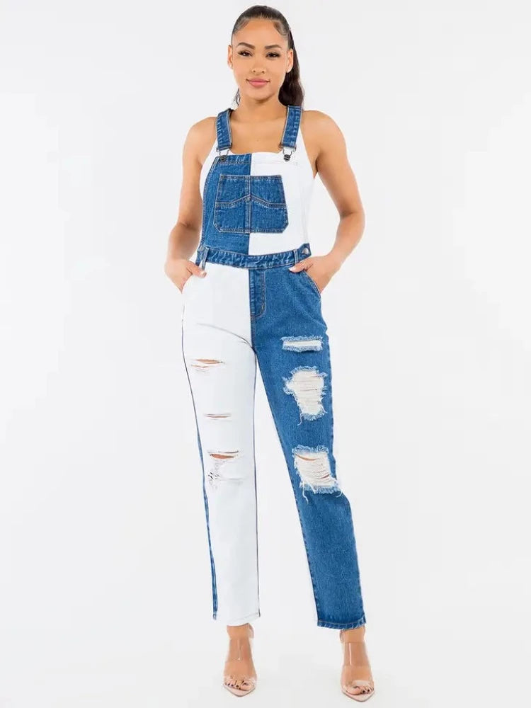 Women's Plus size Denim Distressed Bib Overalls w/ Patchwork
