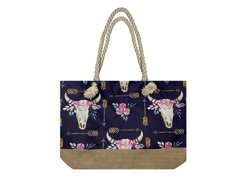 Cow Skull Arrow & Flowers Tote w/ Burlap bottom