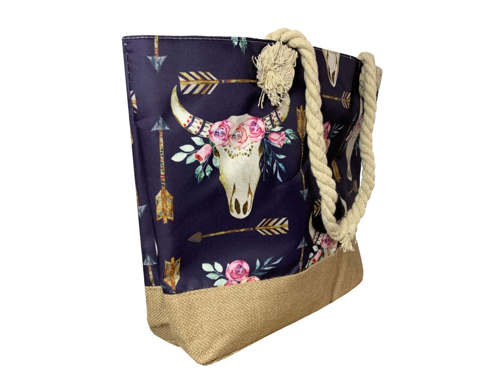 Cow Skull Arrow & Flowers Tote w/ Burlap bottom