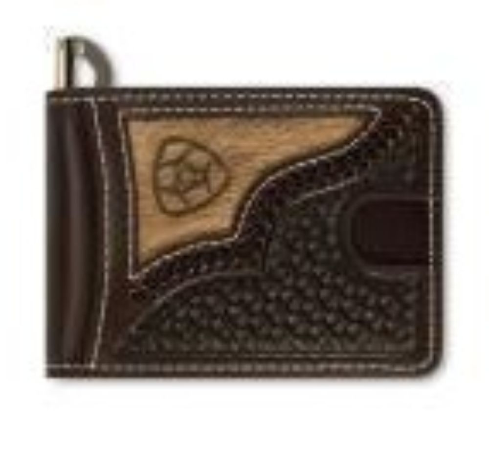 Ariat Mens Bifold Money Clip Style Wallet Calf Hair Overlay Chocolate