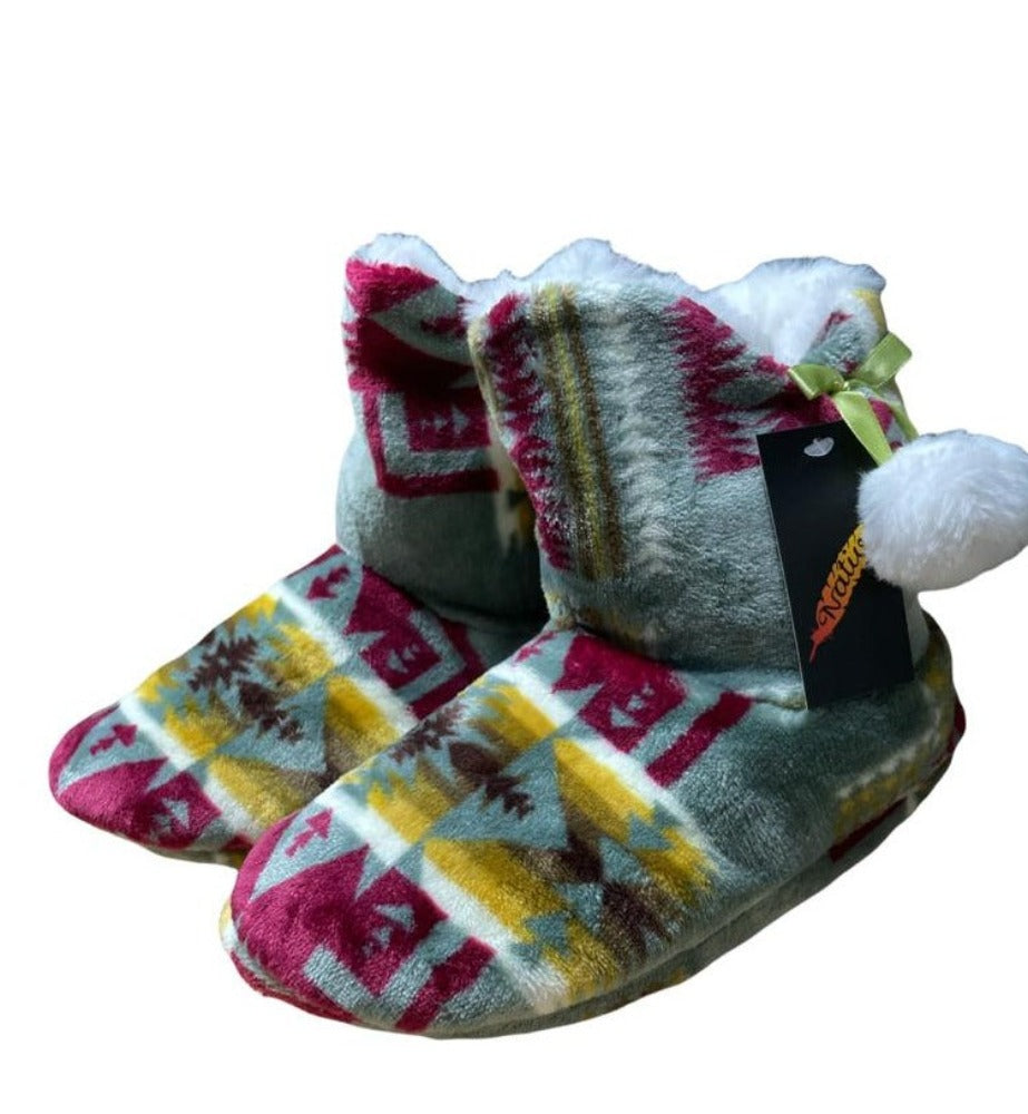 Grey Ankle Bootie Slipper w/ Burgundy Navajo Print