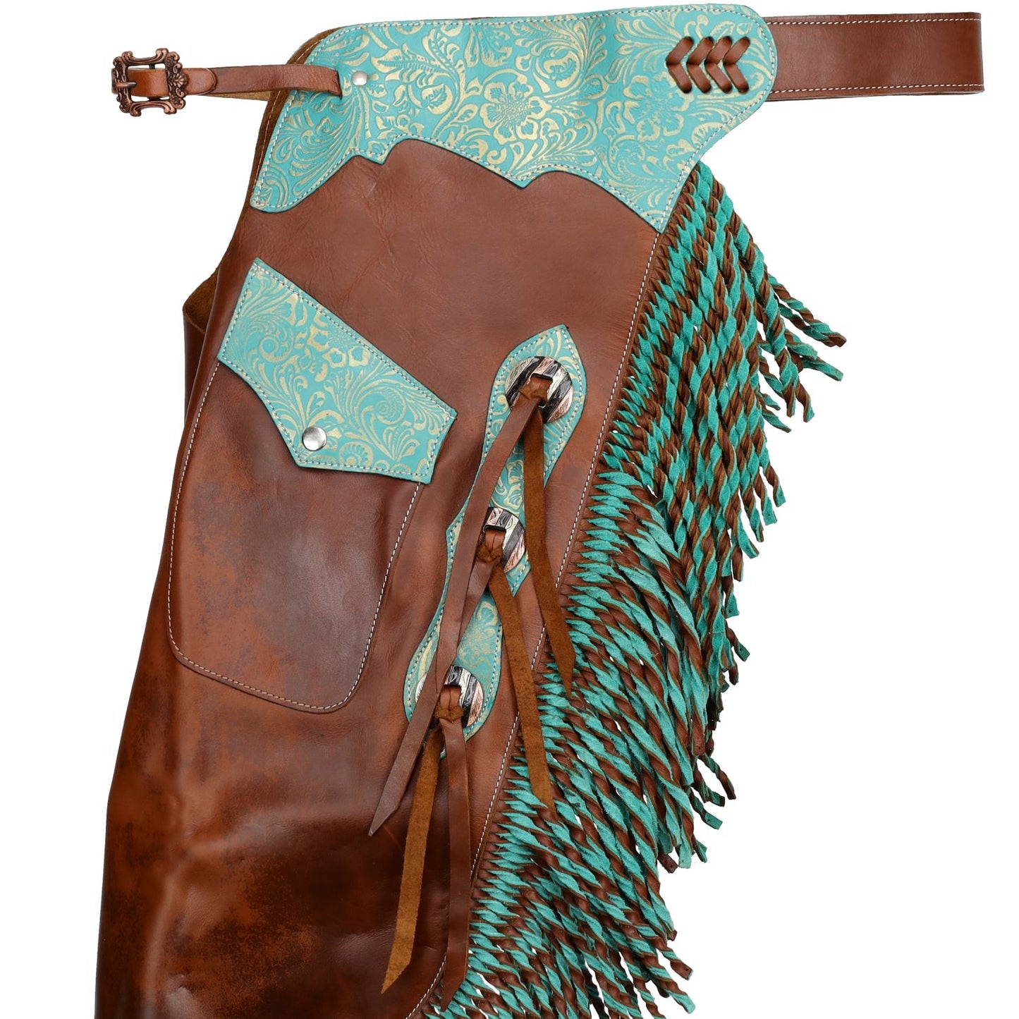 Showman Teal Rose Brown Smooth Leather Chinks Adult
