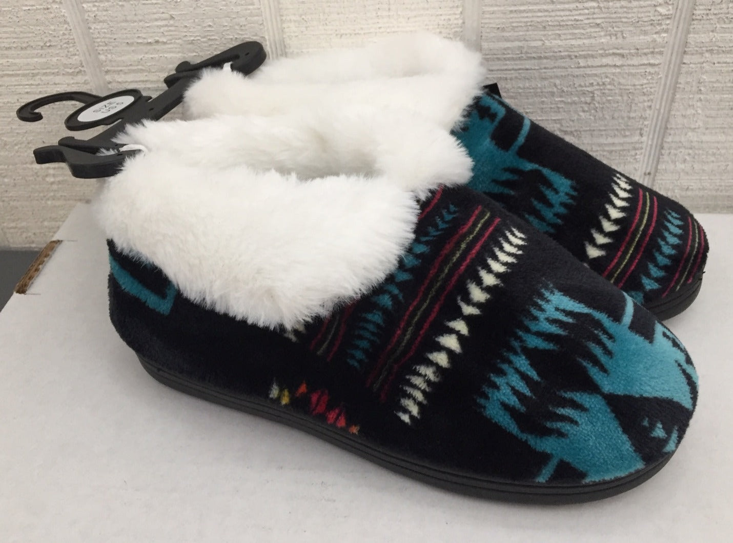Black Navajo Print Fur-Lined Indoor Slippers