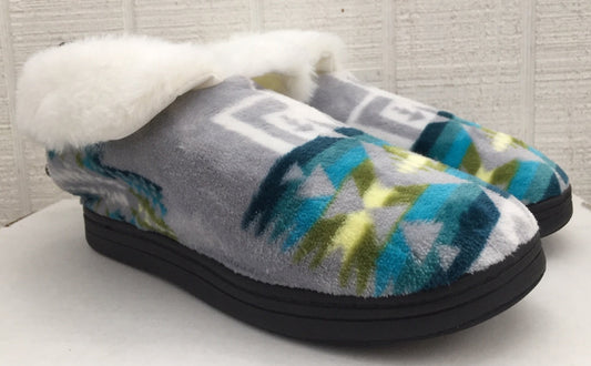 Grey & Blue Navajo Print Faux Fur-Lined Slippers