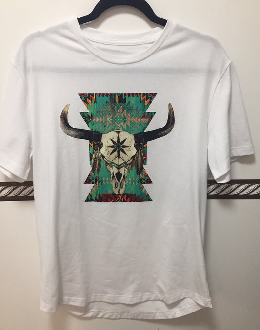 Men's White Western Aztec Steer Head Graphic Shirt