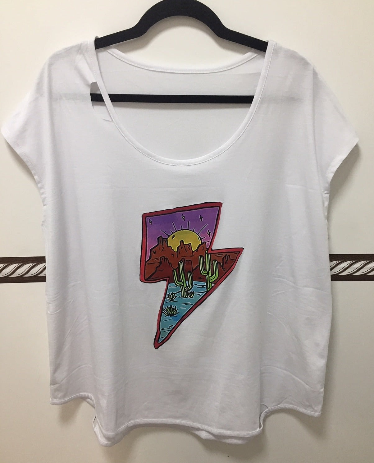 Women's White Western Scene Lightning Bolt Ripped Shirt