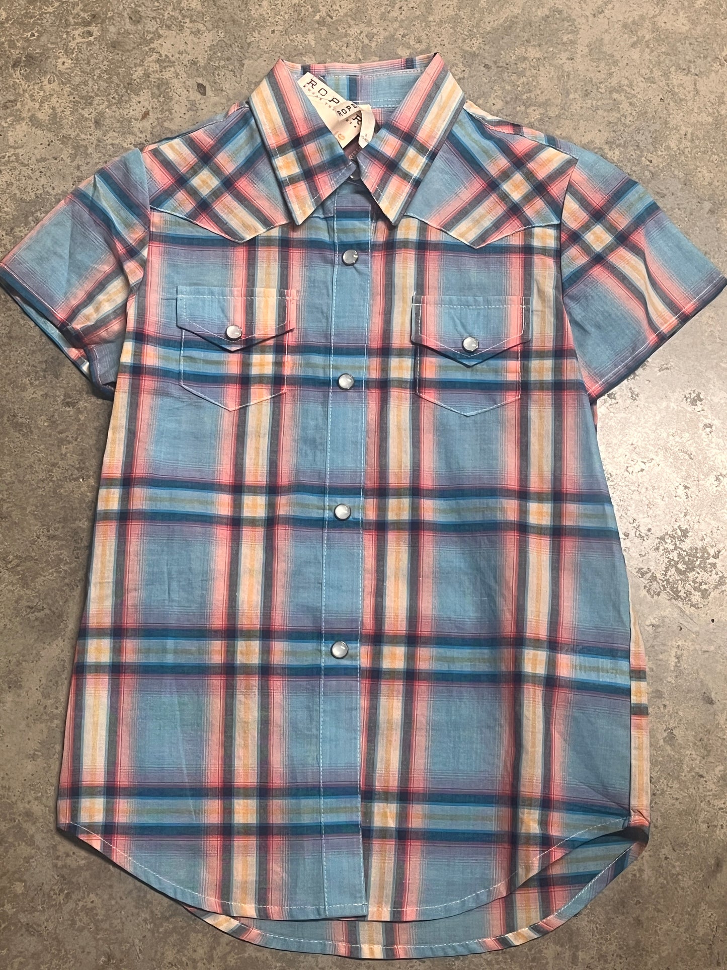 Roper Girl's Short-sleeve Turquoise & Coral Pink Shirt