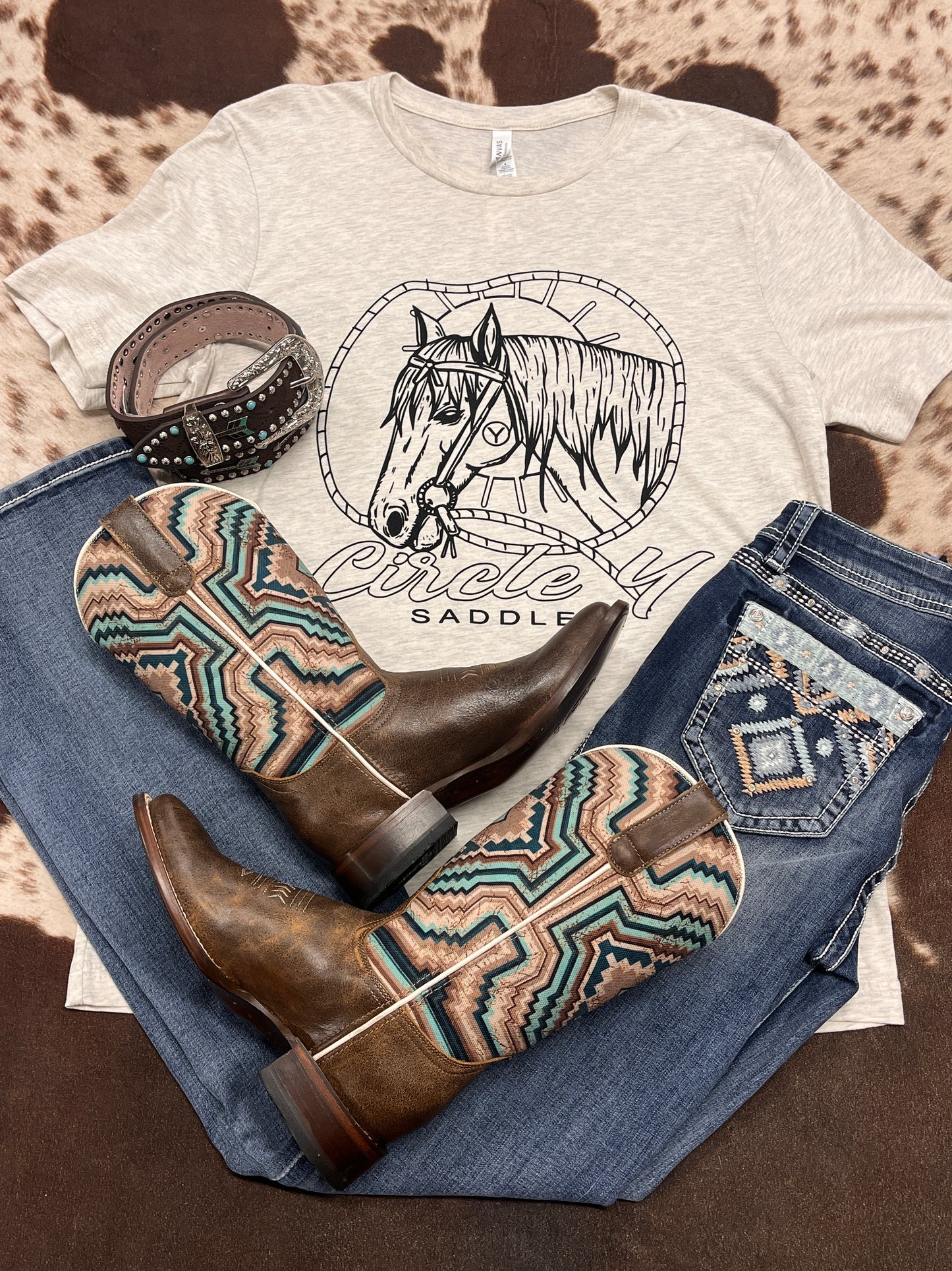 Grace In LA Aztec Embellishment Mid Rise Boot Cut Jeans