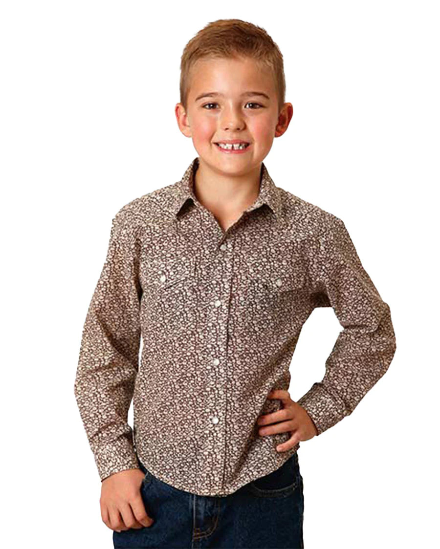 Roper Boy's Brown & Cream Floral Print Western Shirt