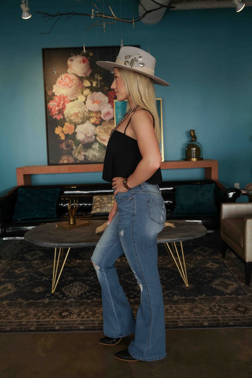 Light wash Button Fly Distressed Flare Jeans, Regular & Plus size