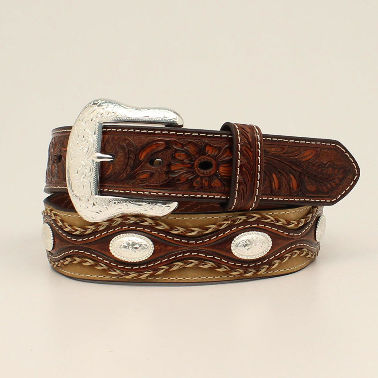 Nocona Belt Men's Brown Tan Leather Braiding Concho Belt