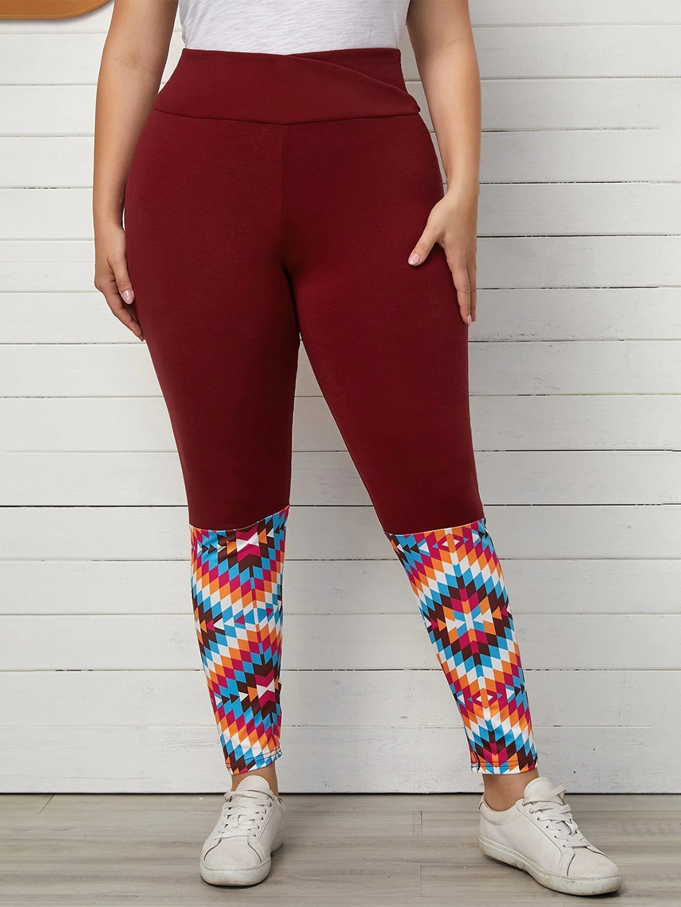 Women's Plus Size Burgundy High Waist Leggings w/ Aztec design