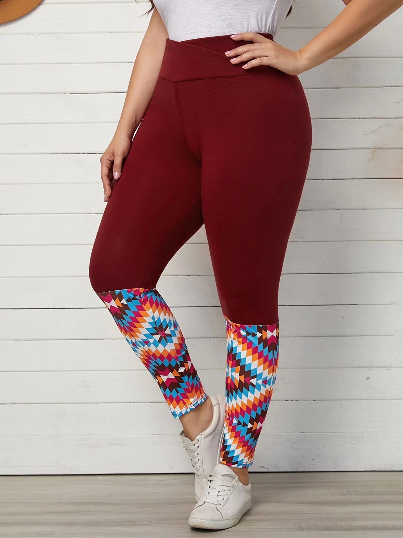 Women's Plus Size Burgundy High Waist Leggings w/ Aztec design