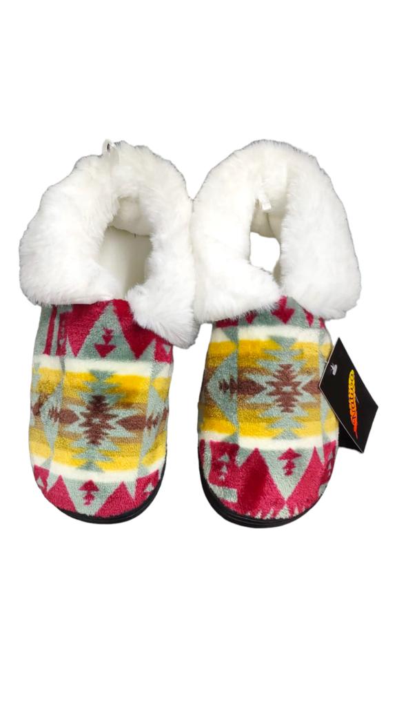 Grey Faux Fur Lined Navajo Print Slippers