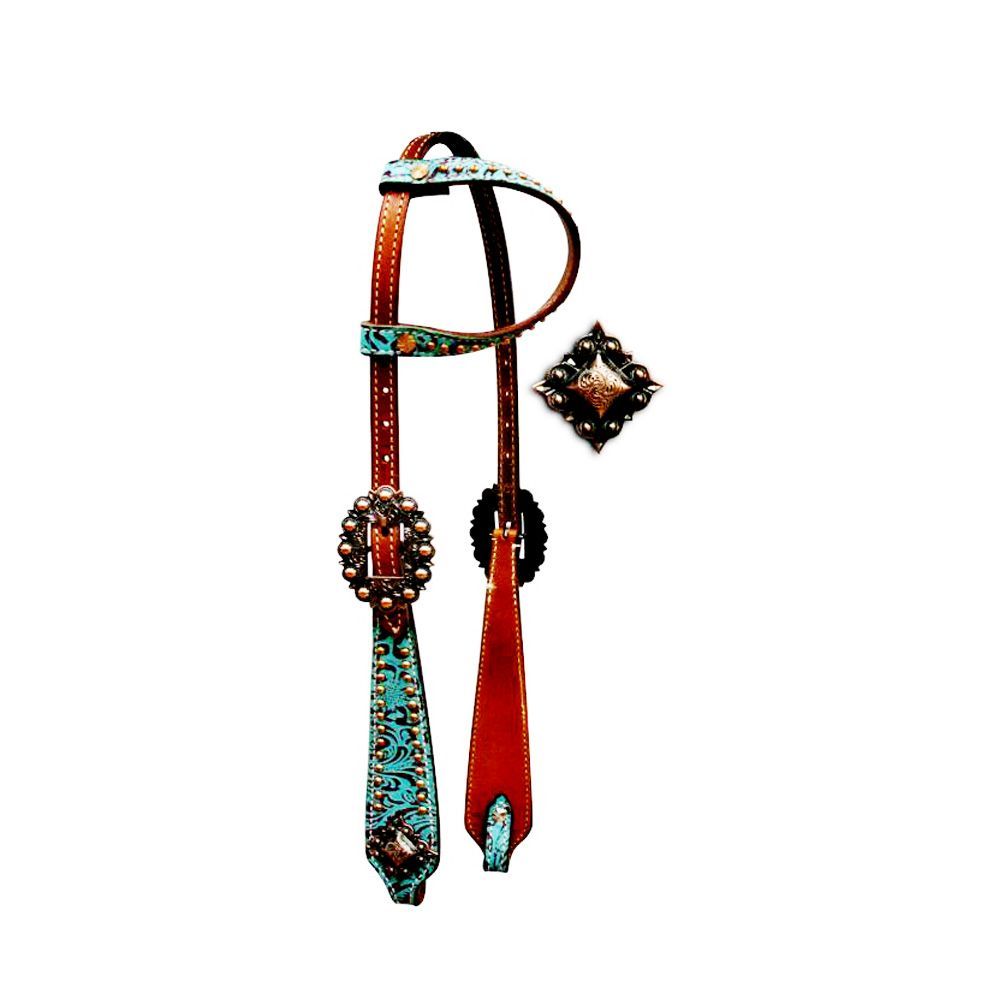 Showman One Ear Headstall And Reins Set With Teal And Brown Filigree And Copper Studs