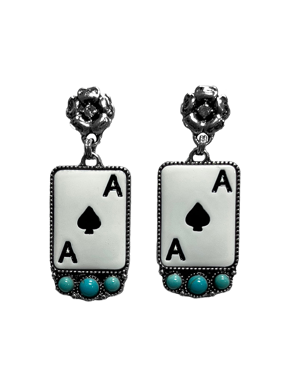 Silver Strike Ladies Earrings Ace Card Turquoise Stone Black and White