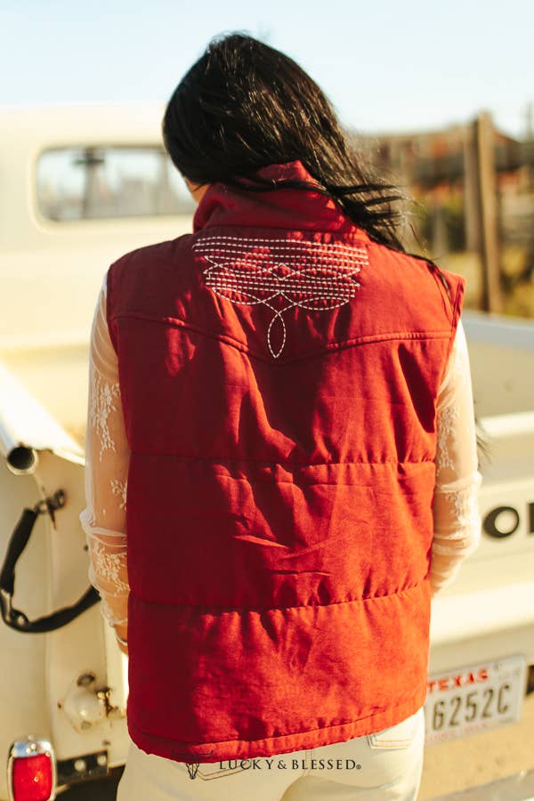 Plus Wine Puffer W Aztec Lining Boot Stitch Detail Vest