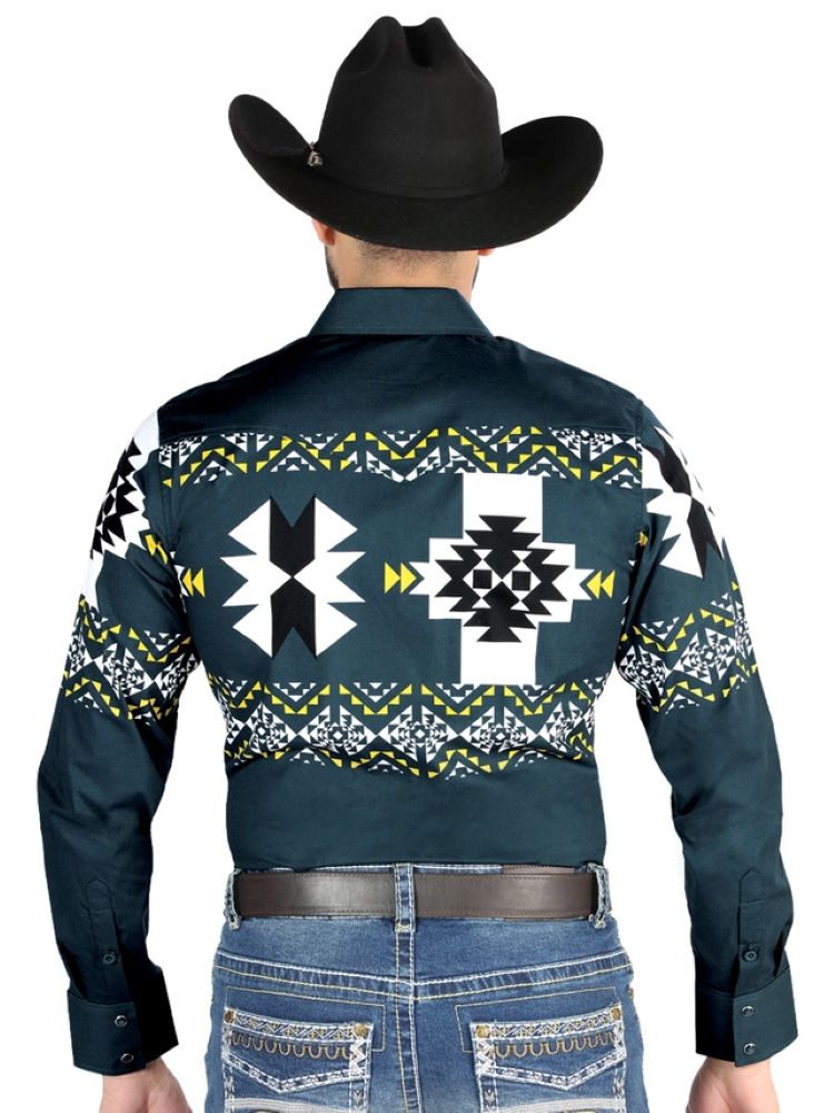 El General - Men's Western Long Sleeve Shirt - Teal Green