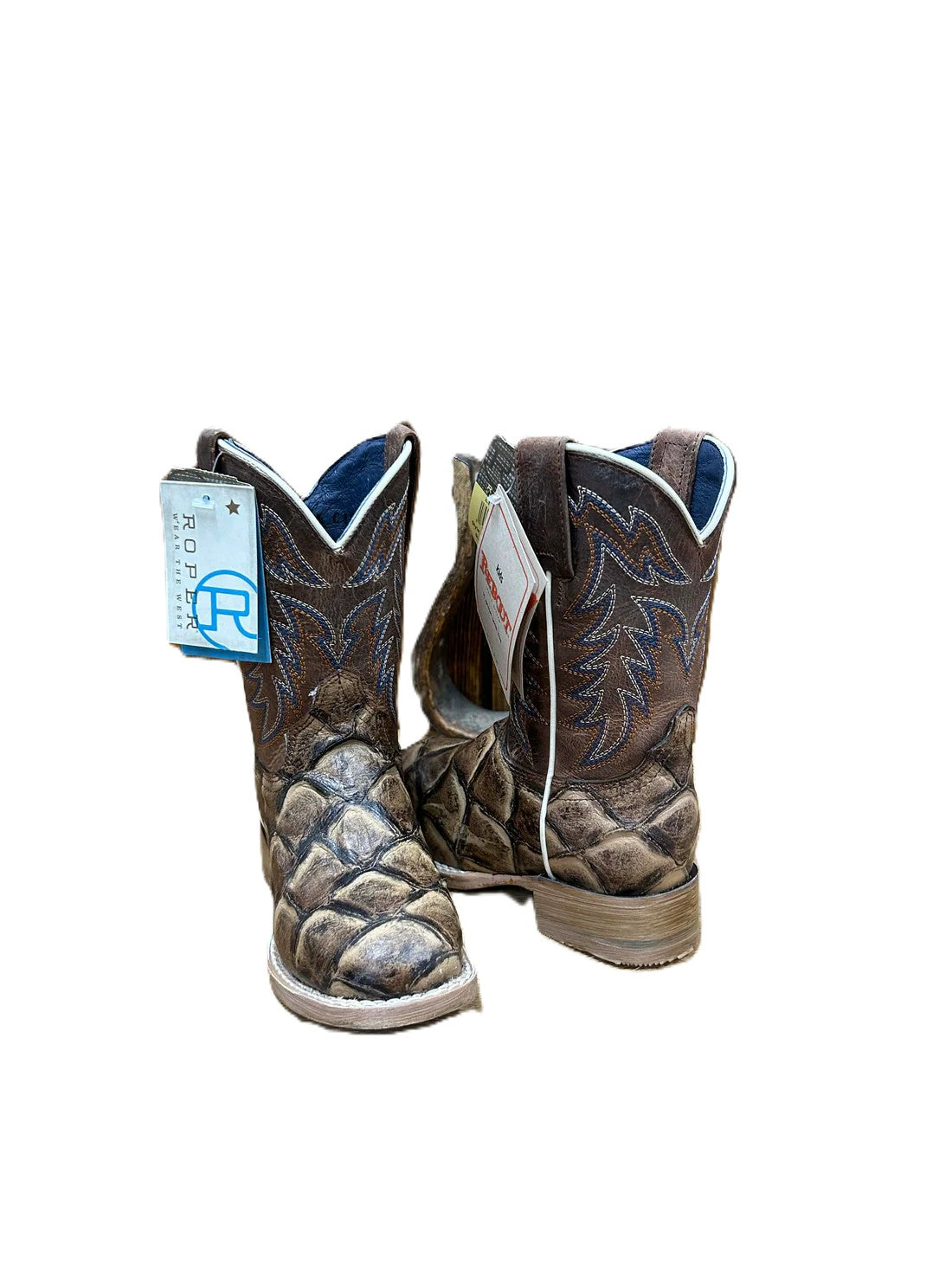 Square Toe Embossed Brown Leather Vamp Cowboy Boots