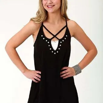 Roper Women's Black Cross Front Strap Spaghetti Strap Tank Top w. Studs