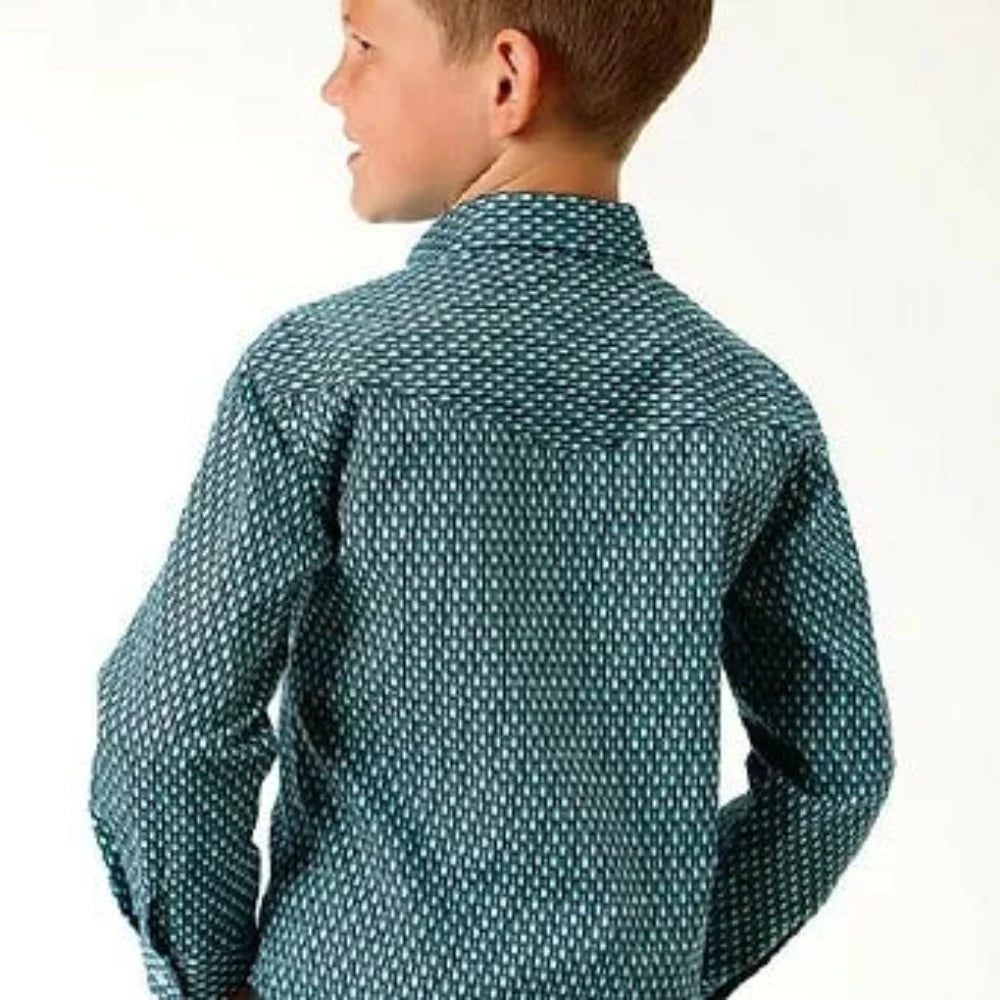 Roper Youth Boy's Turquoise & white Prairie Pattern Snap Up Western Shirt