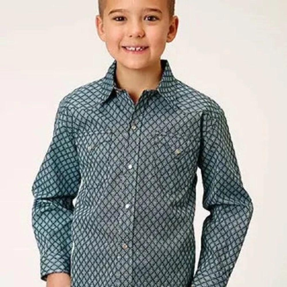 Roper Boy's Teal & Gray Aztec Snap Up Western Shirt