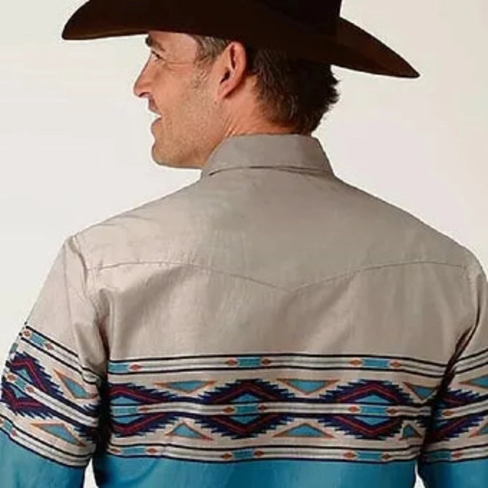 Roper Men's Tan Turquoise Aztec Border Snap Up Western Shirt