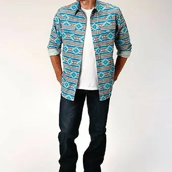 Roper Men's Turquoise Orange Santa Fe Aztec Print Western Shirt