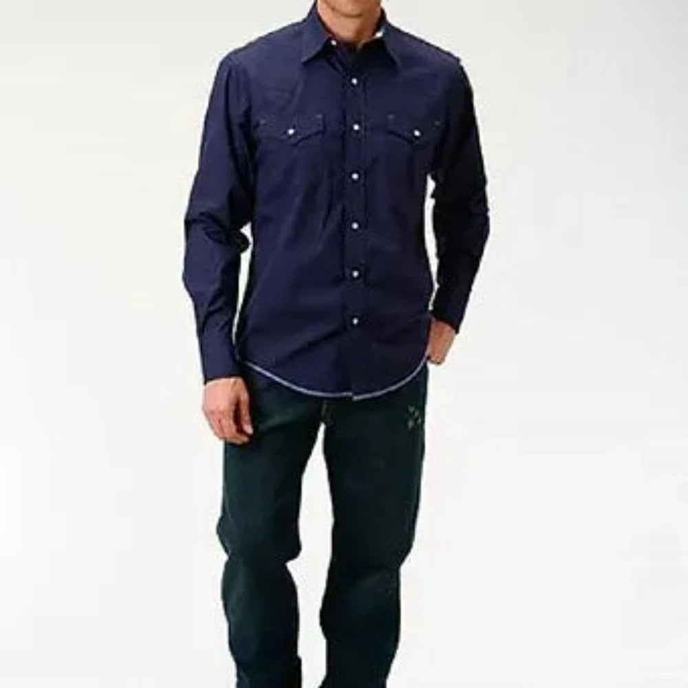 Roper Men's Solid Navy Blue Poplin Pearl Snap Up Western Shirt