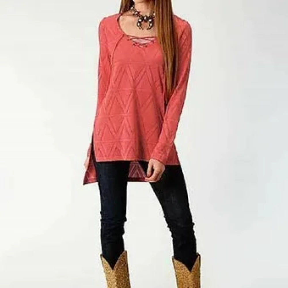 Roper Women's Coral Pink Red Chevron Print Lace Top Shirt