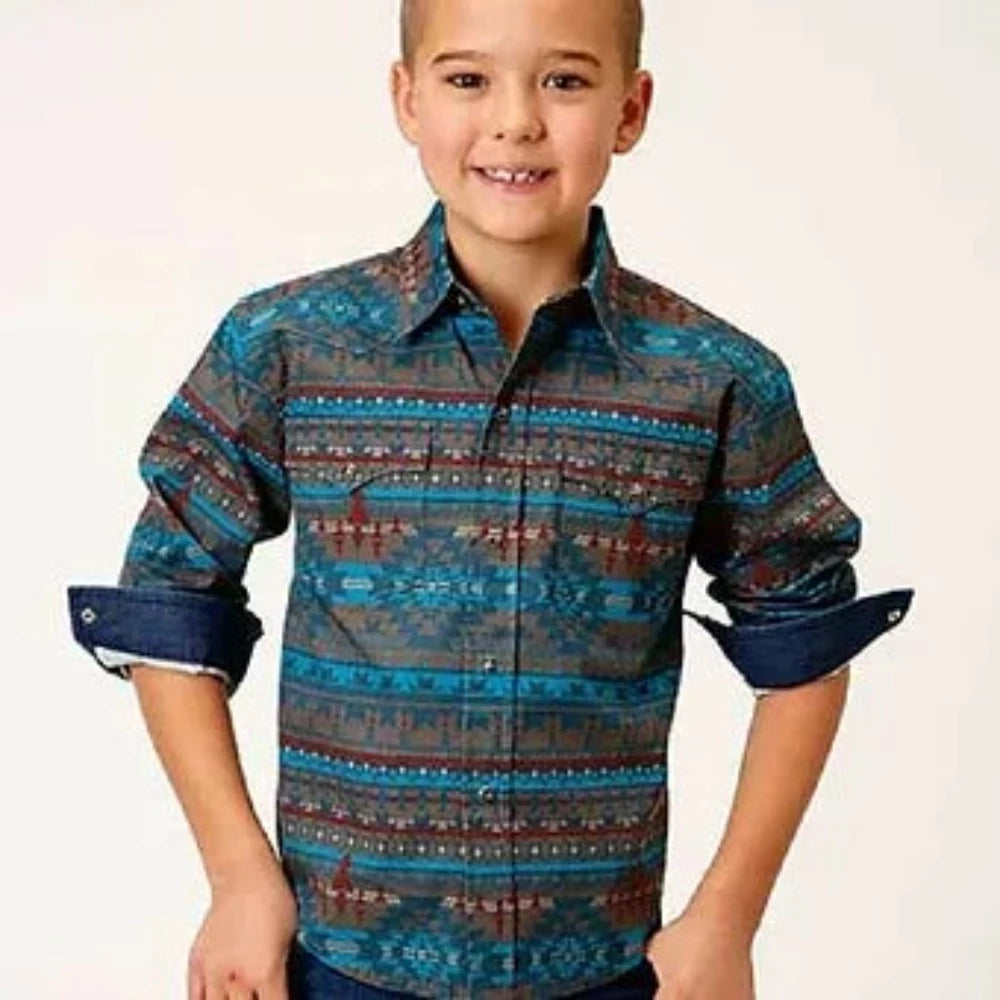 Roper Boy's Horizontal Blanket Print Snap Up Western Shirt