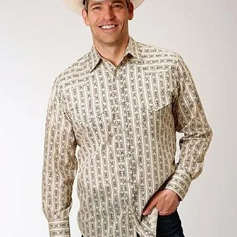 Roper Men's Cream & Brown Wallpaper Stripe Western Shirt