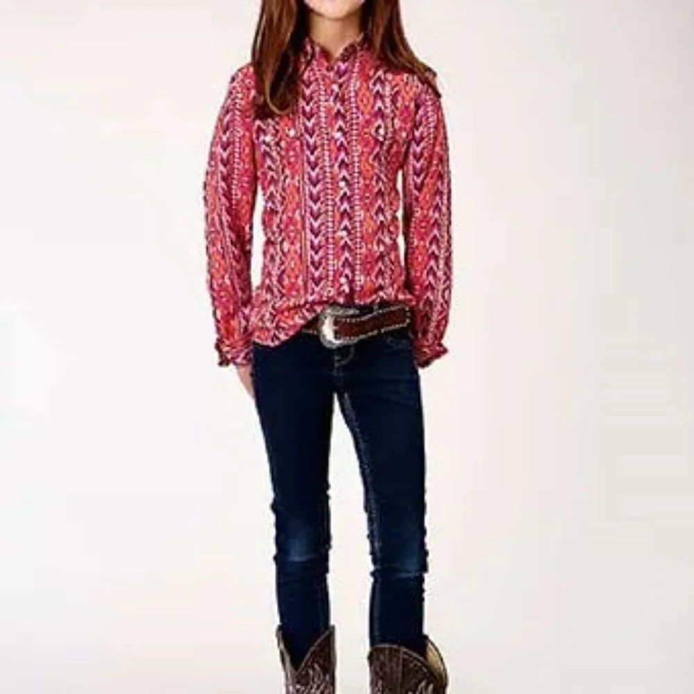 Roper Girl's Pink Aztec Print Snap Up Western Shirt