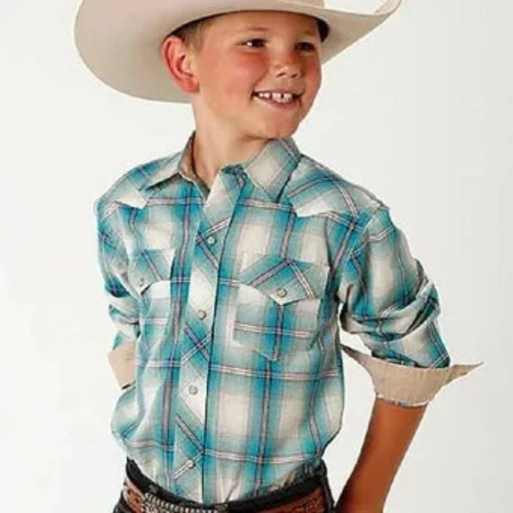 Roper Youth Boy's Light Blue & Cream Lagoon Ombre Western Shirt