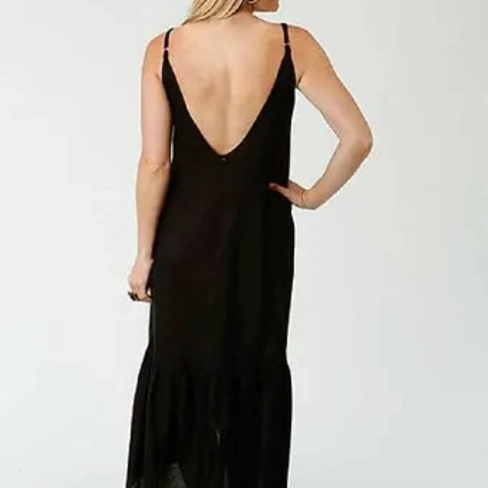 Roper Women's Black Embroidered Challis Spaghetti Strap Sun Dress