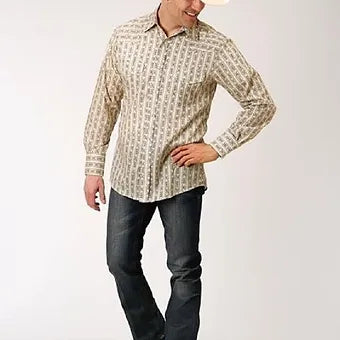 Roper Men's Cream & Brown Wallpaper Stripe Western Shirt