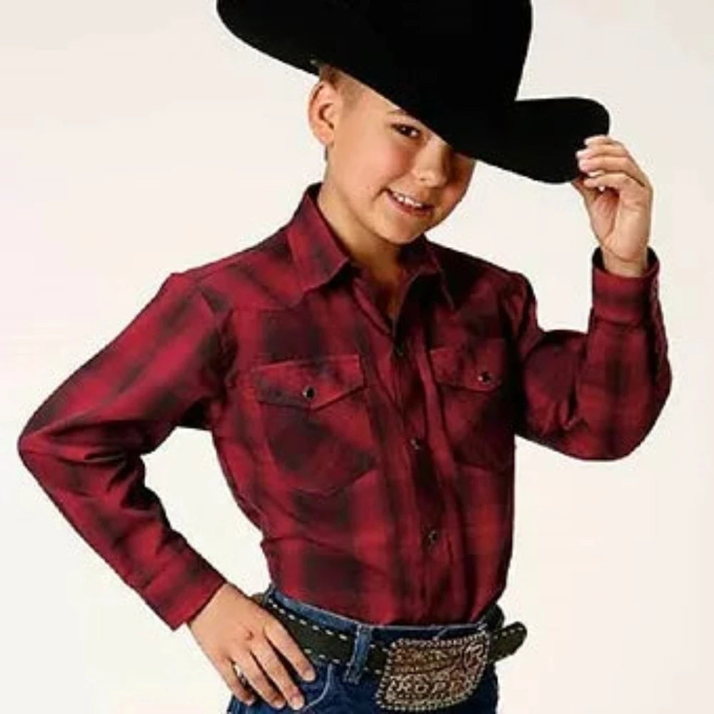 Roper Youth Boy's Red & Charcoal Black Ombre Plaid Western Shirt