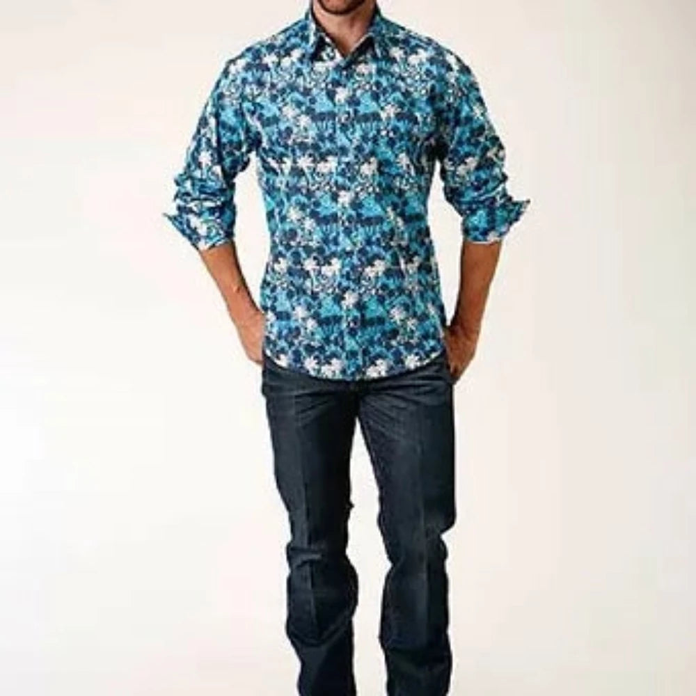Roper Men's Beach Horseshoe Print Long Sleeve Western Shirt