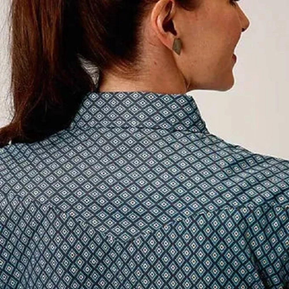 Roper Women's Teal & Gray Aztec Geo Print Snap Up Western Shirt