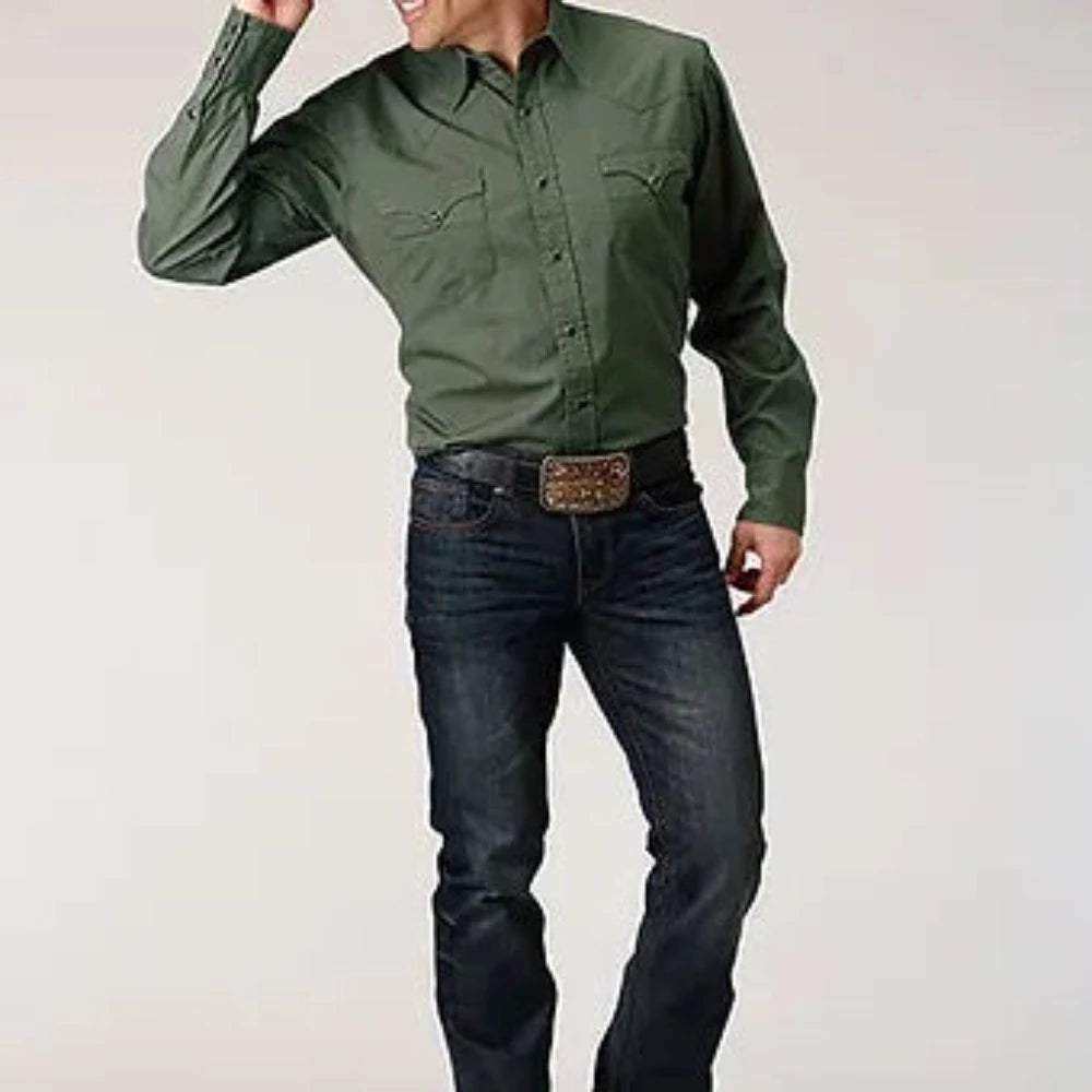 Men's Roper Solid Poplin Olive Snap Up Long Sleeve Western Shirt