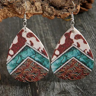 Cowhide Print PU Leather Water Drop Earrings