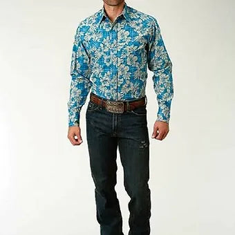 Roper Men's Blue & Tan Tropical Floral Plaid Western Shirt