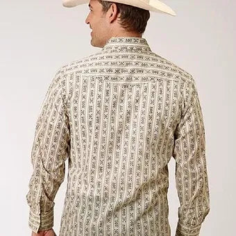 Roper Men's Cream & Brown Wallpaper Stripe Western Shirt
