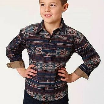 Roper Boy's Dark Blue & Aztec Print Western Show Shirt