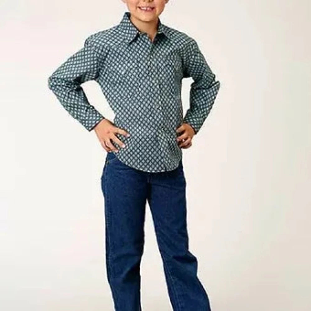 Roper Boy's Teal & Gray Aztec Snap Up Western Shirt
