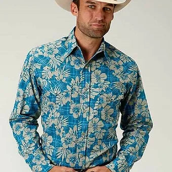 Roper Men's Blue & Tan Tropical Floral Plaid Western Shirt
