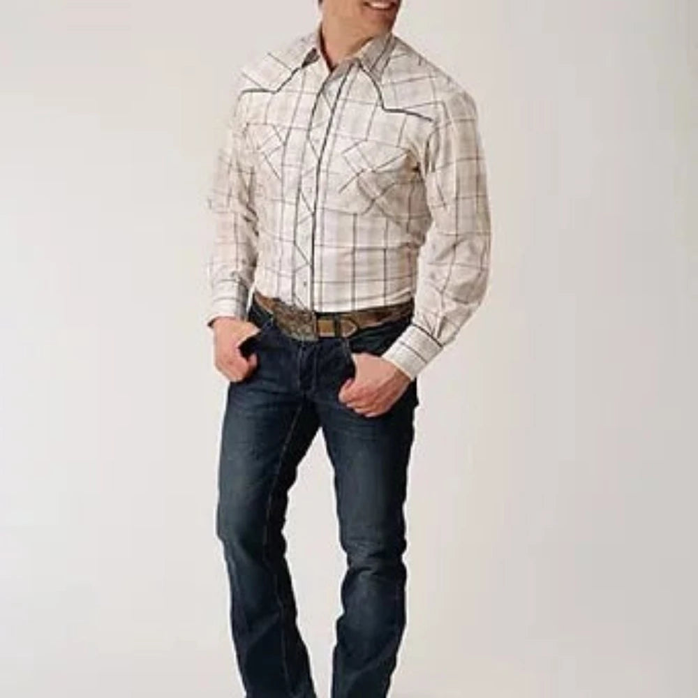 Roper Men's Tan Cream Buffalo Embroidered Western Shirt