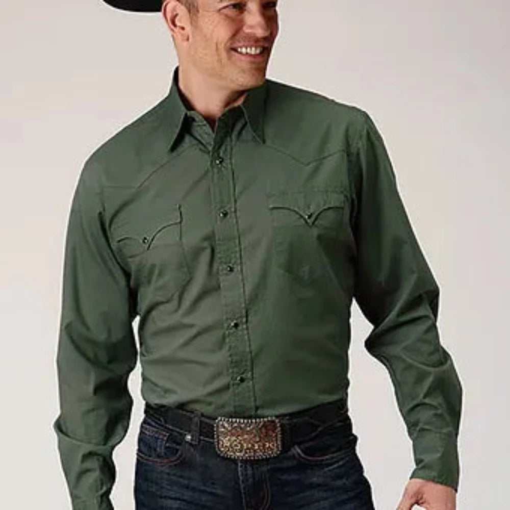 Men's Roper Solid Poplin Olive Snap Up Long Sleeve Western Shirt